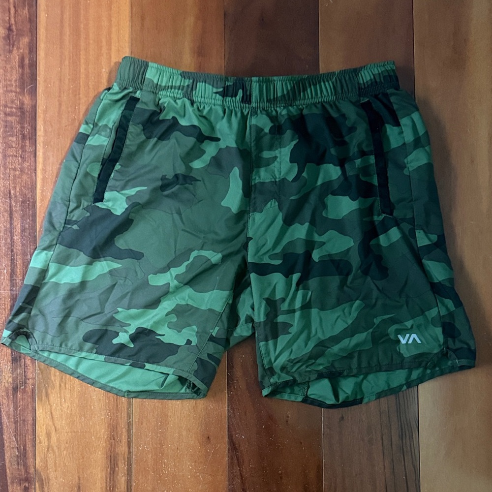 RVCA Green Camo Athletic Shorts with Elastic Waist